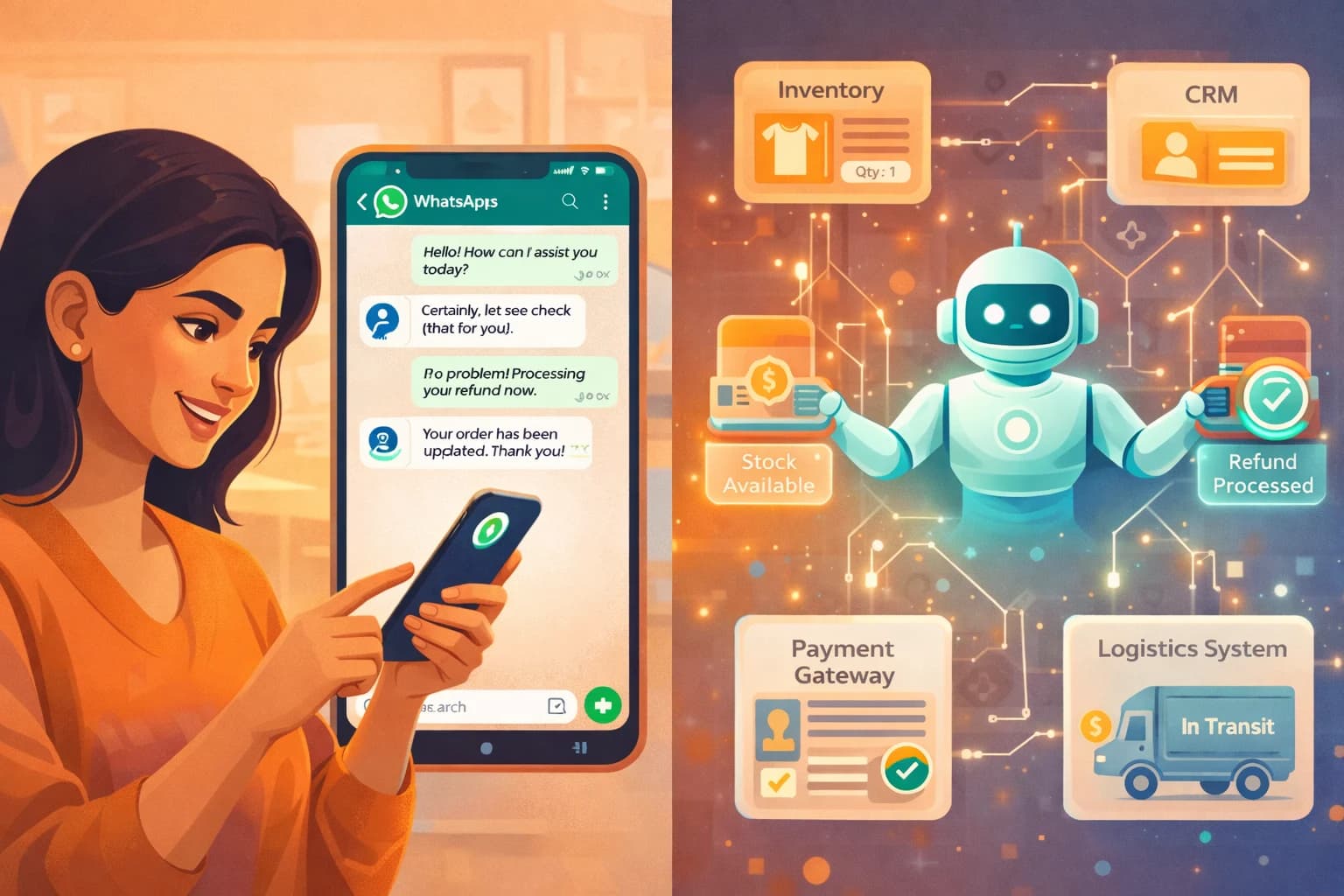 AI customer service agent workflow for e-commerce – showing automated inventory check, refund processing, order updates, delivery scheduling, and learning loop