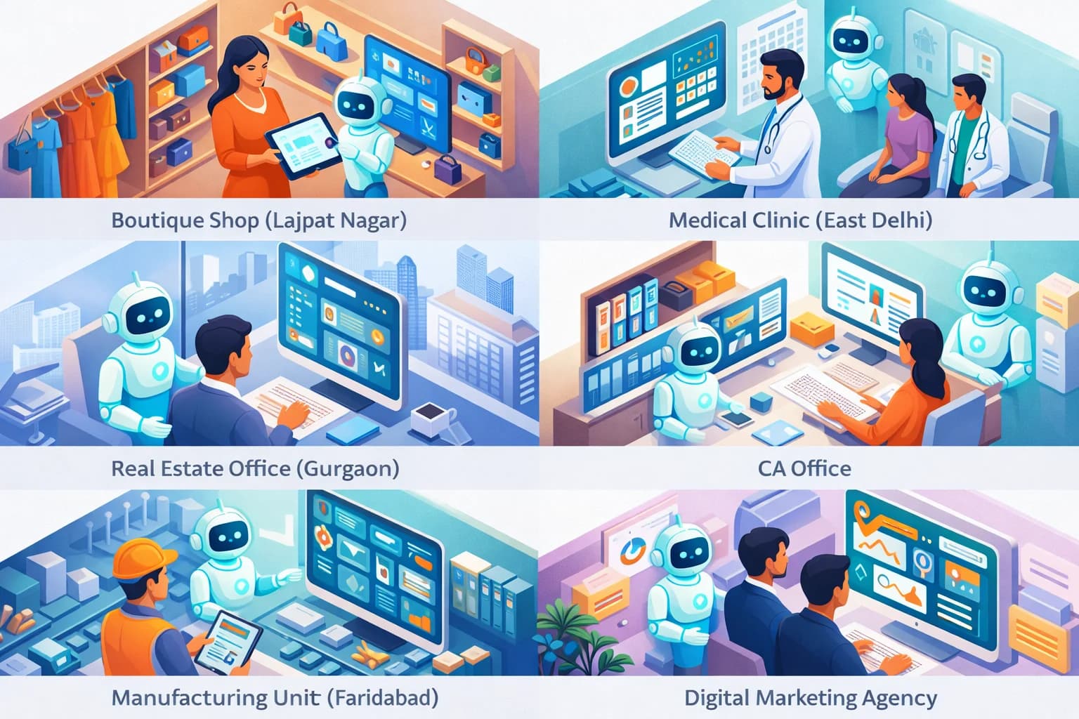Six AI agent use cases for Indian businesses – E-Commerce, Healthcare, Real Estate, Professional Services, Manufacturing, Digital Marketing – shown in a grid layout