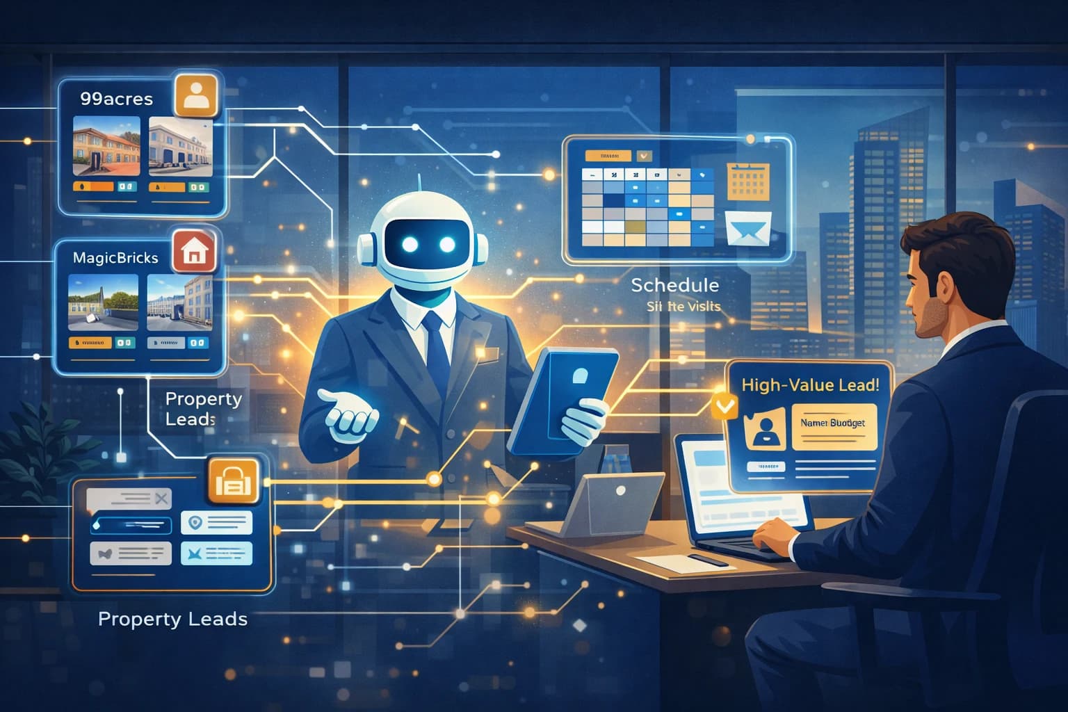 Real estate AI agent workflow – automated property analysis, buyer matching, visit scheduling, document generation, and lead follow-up pipeline