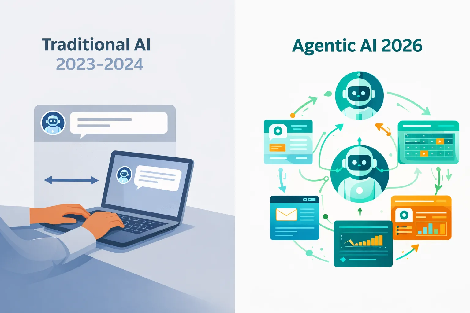 Infographic comparing Traditional AI (reactive, single-task) vs Agentic AI (proactive, multi-step, autonomous) with side-by-side feature comparison