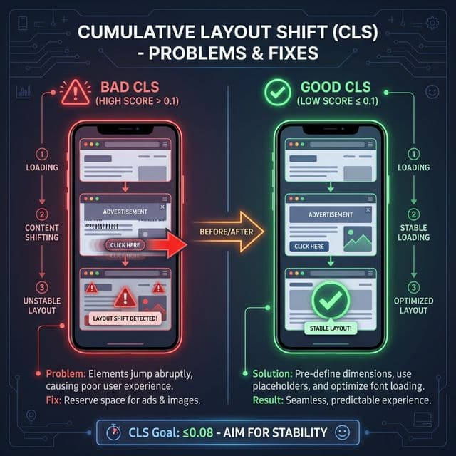 Cumulative Layout Shift problems and fixes — comparison of bad CLS vs good CLS on mobile