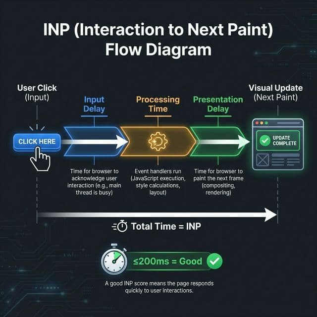 INP (Interaction to Next Paint) flow diagram showing the three phases: Input Delay, Processing Time, and Presentation Delay