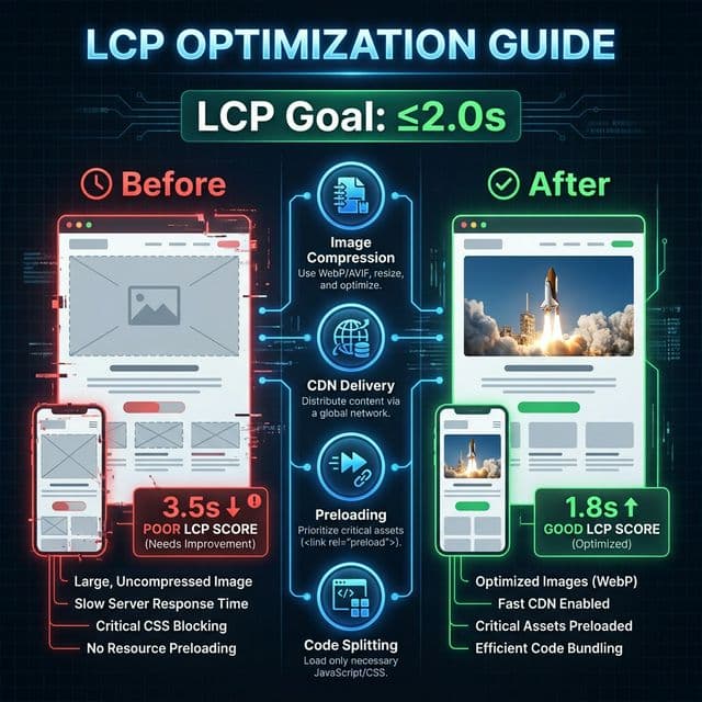 LCP optimization guide showing before and after comparison with optimization techniques