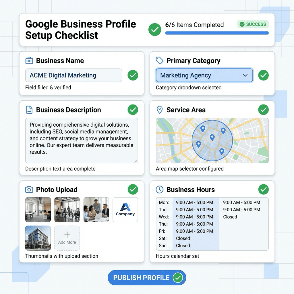 Complete Google Business Profile setup checklist with categories, description, photos, and service area highlighted