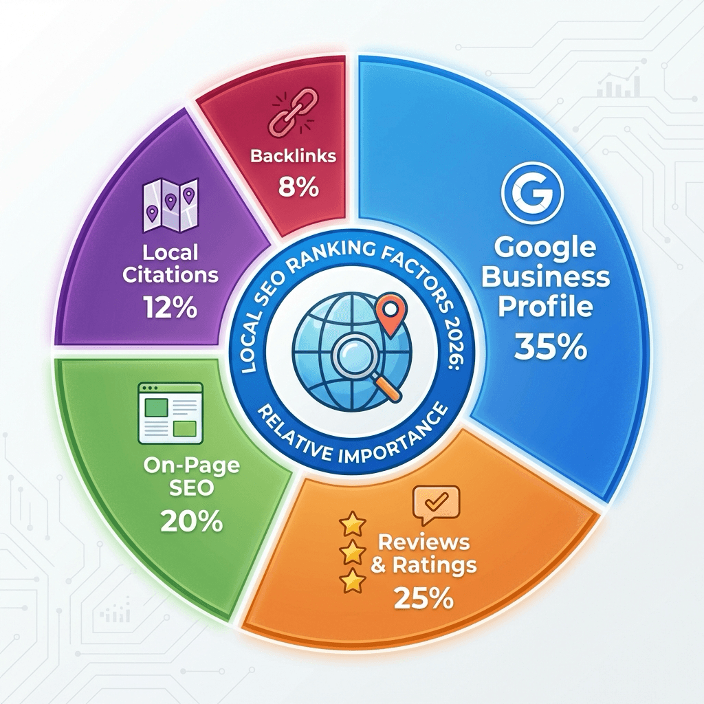 Visual breakdown of 2026 local SEO ranking factors: Google Business Profile optimization, reviews, citations, website quality, and backlinks