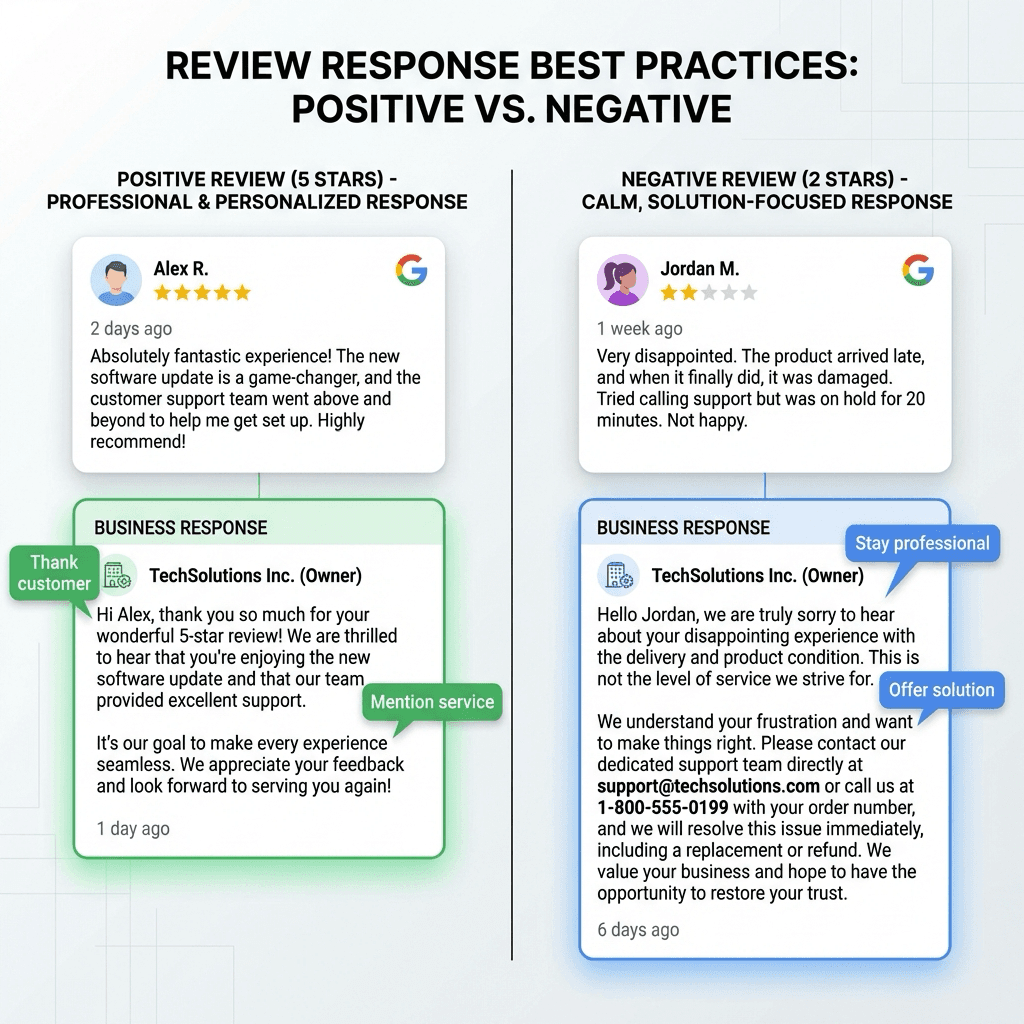 Example of professional business owner responses to positive and negative Google reviews with best practices highlighted