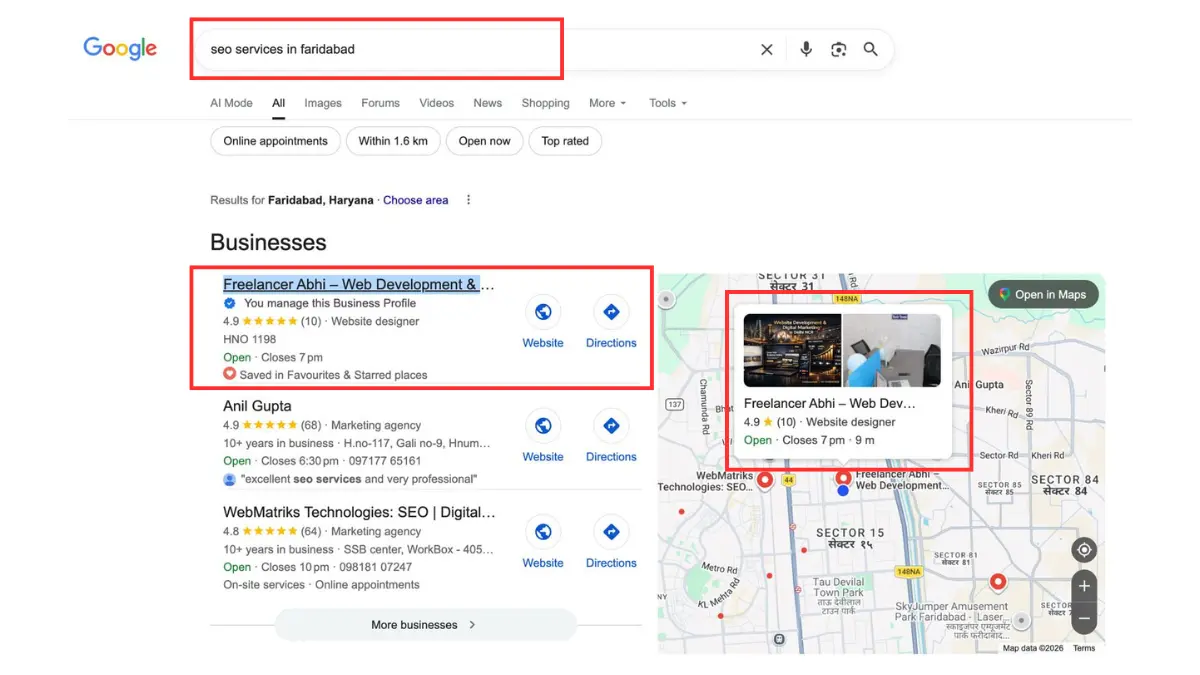 Google Search Result Screenshot – Freelancer Abhi Ranks #1 for SEO Services in Faridabad