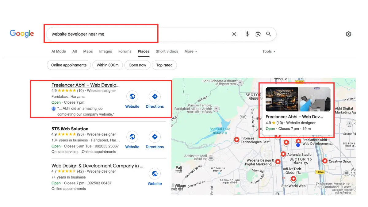 Google Search Result Screenshot – Freelancer Abhi Appears for Website Developer Near Me Search