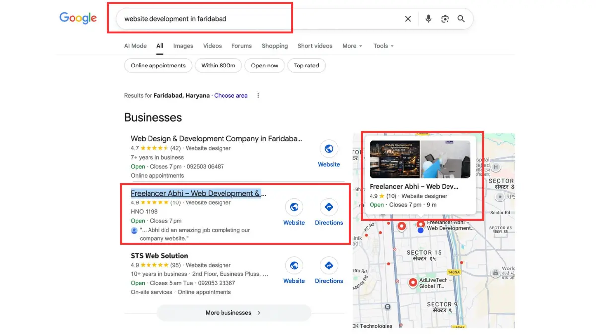 Google Search Result Screenshot – Freelancer Abhi Ranks on Top for Website Development in Faridabad