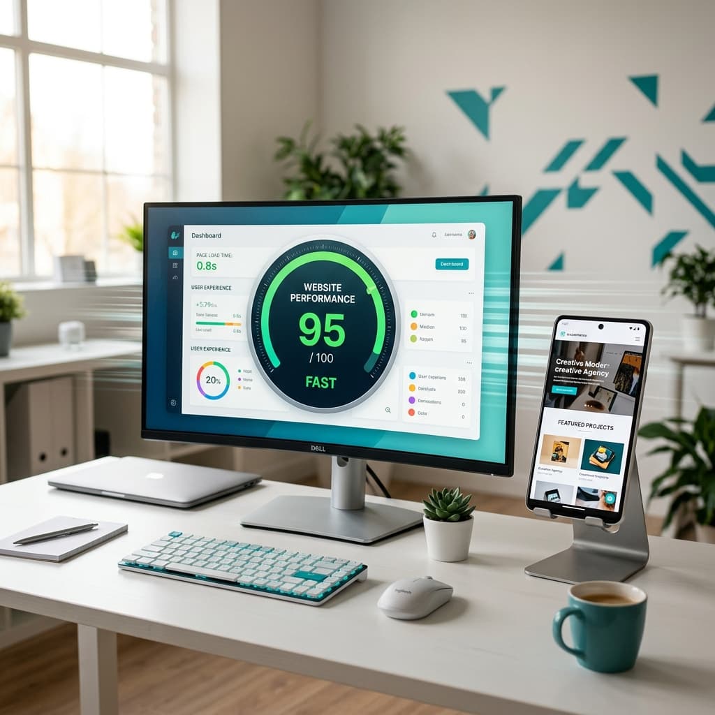 Website speed and Core Web Vitals 2026 — high performance score on monitor and smartphone