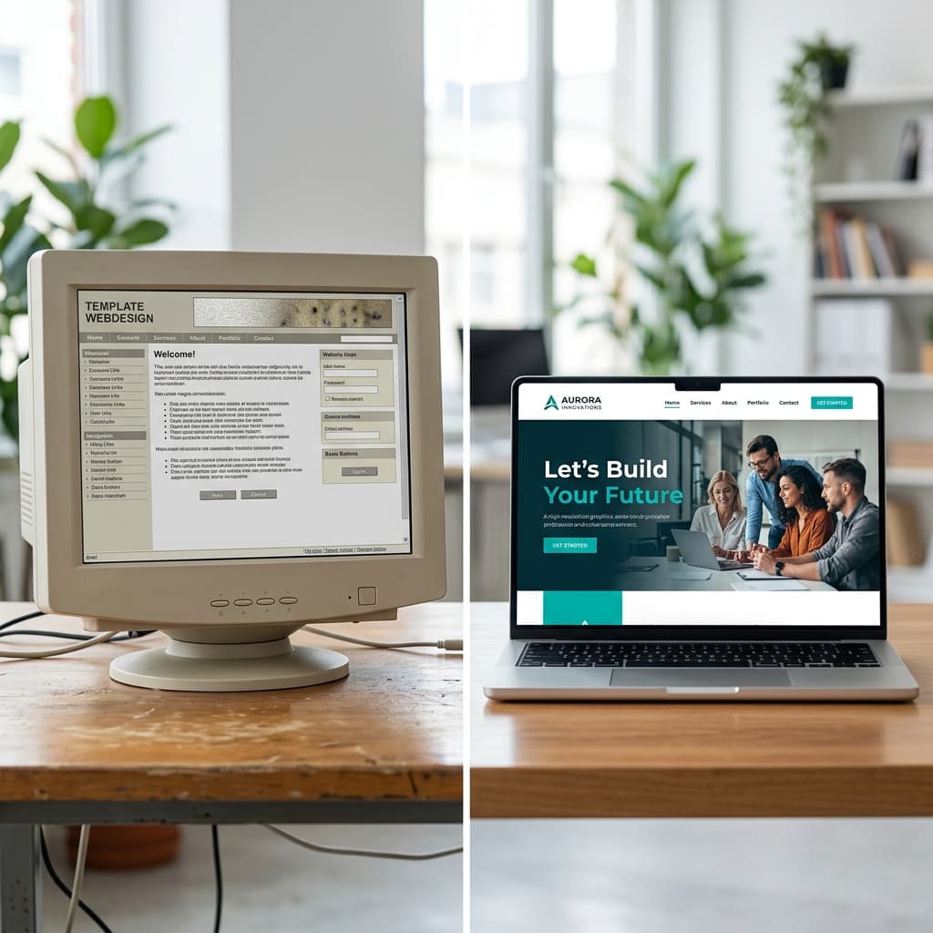 Custom website vs template comparison — modern custom design versus old generic template