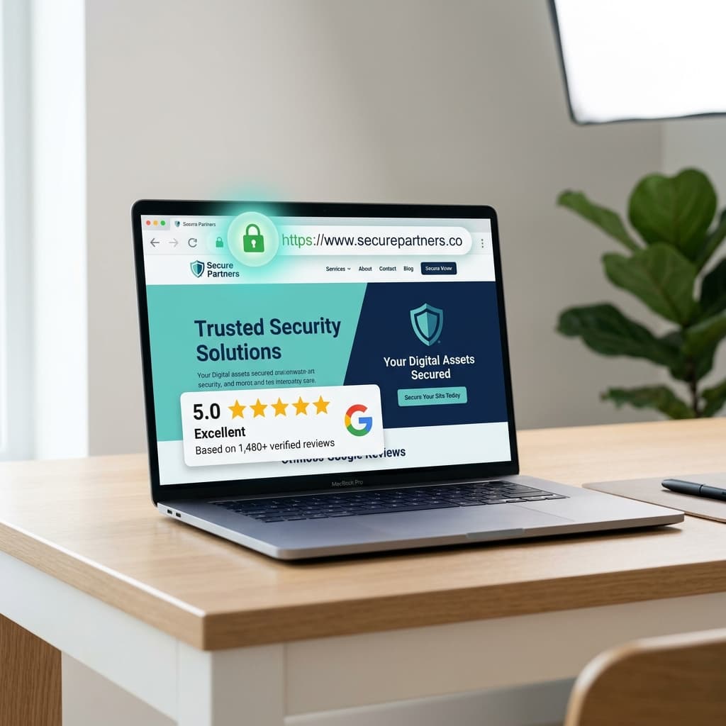 Website security and trust signals — HTTPS padlock and Google reviews on business website
