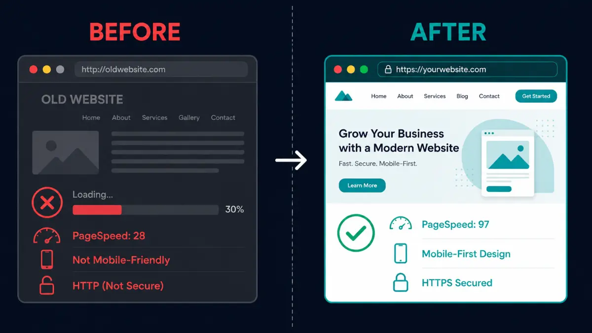 Before and after website redesign comparison showing old slow website vs modern fast website