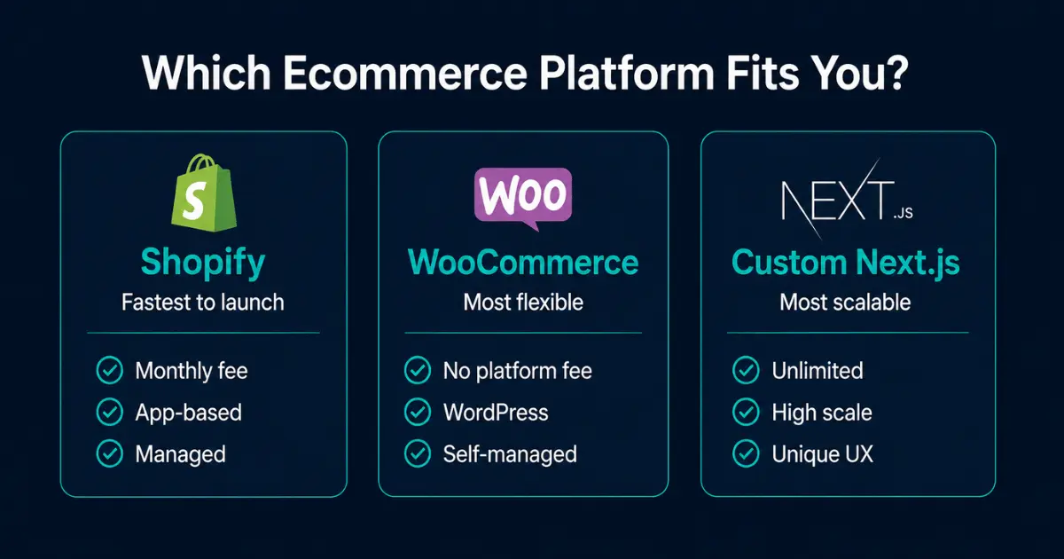 Ecommerce platform comparison for India — Shopify vs WooCommerce vs custom Next.js store