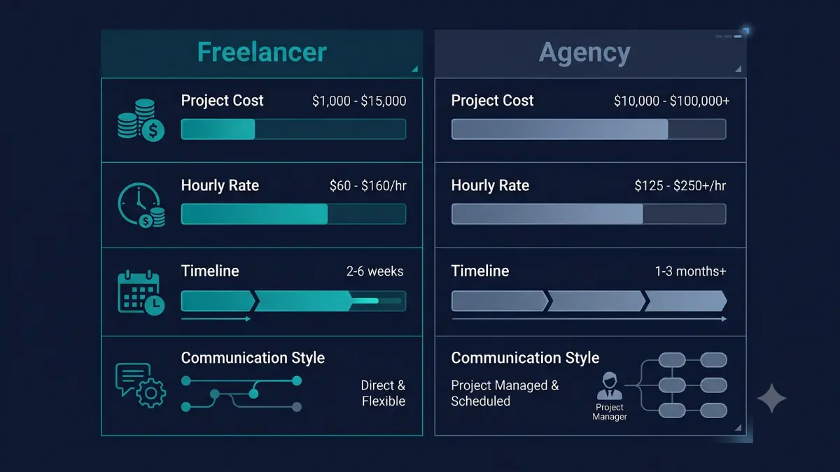 Cost comparison infographic — freelancer vs agency project cost, hourly rate, timeline and communication style in India 2026