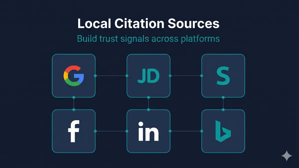 Local citation platform sources for Faridabad businesses — Google, JustDial, Sulekha, Facebook, LinkedIn and Bing connected in a grid