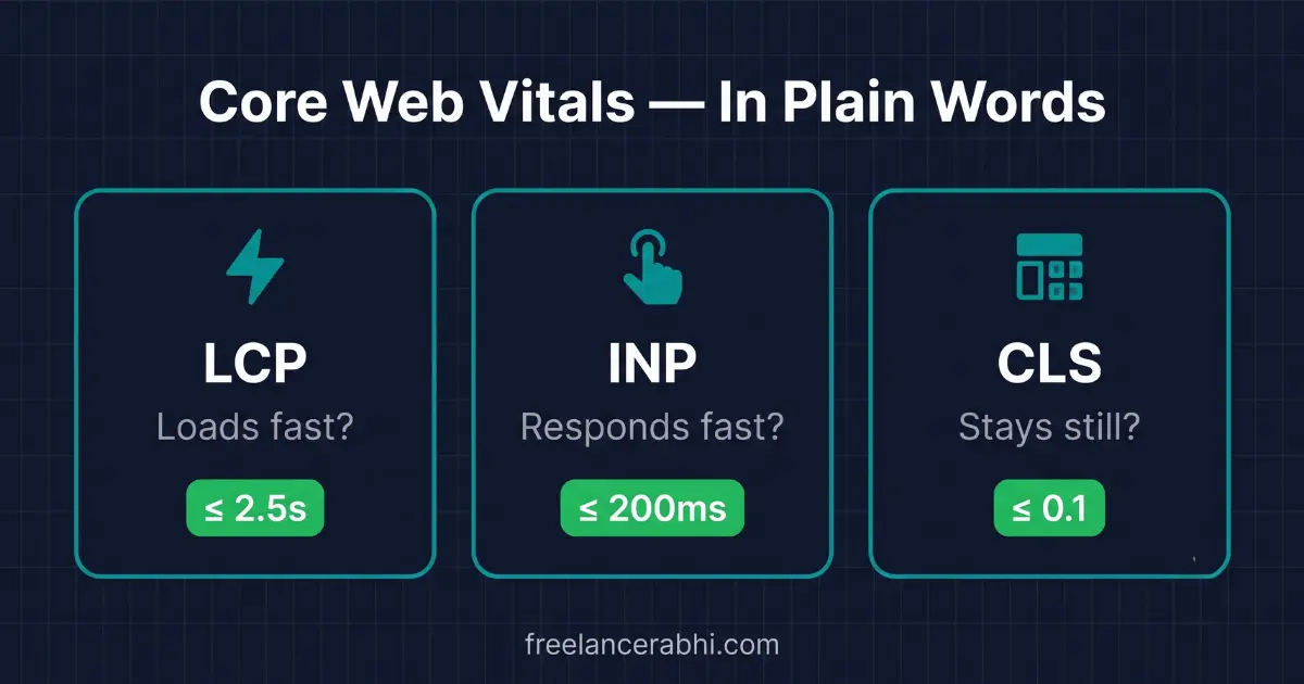 Core Web Vitals explained simply — LCP loading speed, INP tap response, CLS layout stability with 2026 thresholds