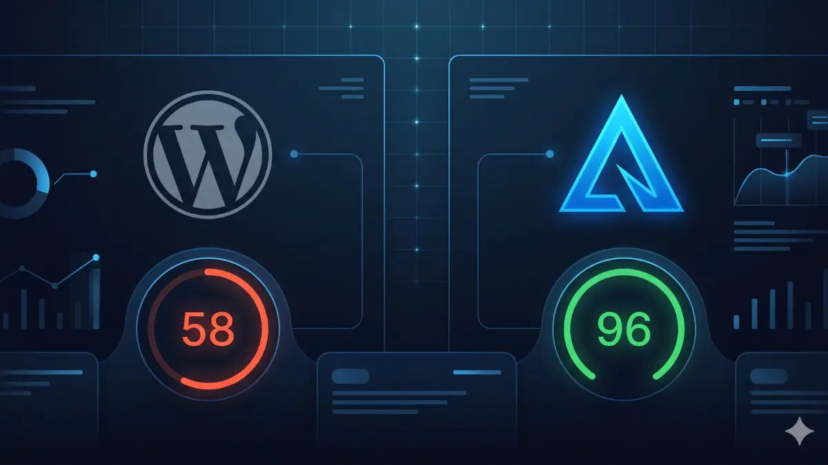 Next.js vs WordPress PageSpeed score comparison — WordPress 58 versus Next.js 96 performance gauge