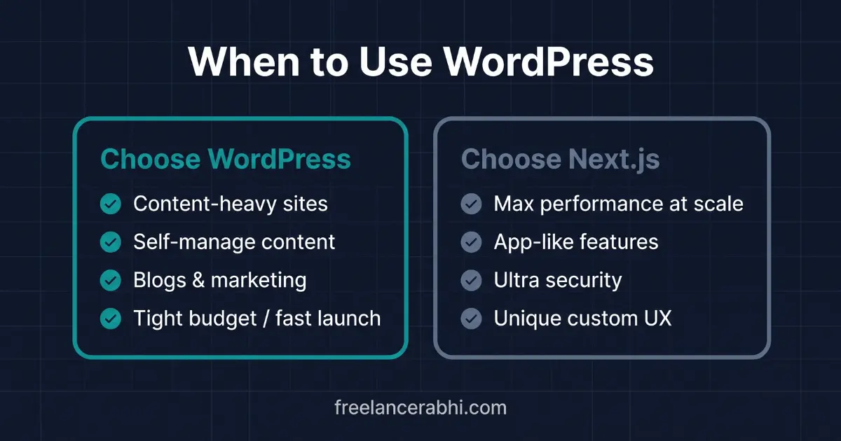 When to use WordPress vs custom Next.js — WordPress for content and self-editing, Next.js for performance and scale